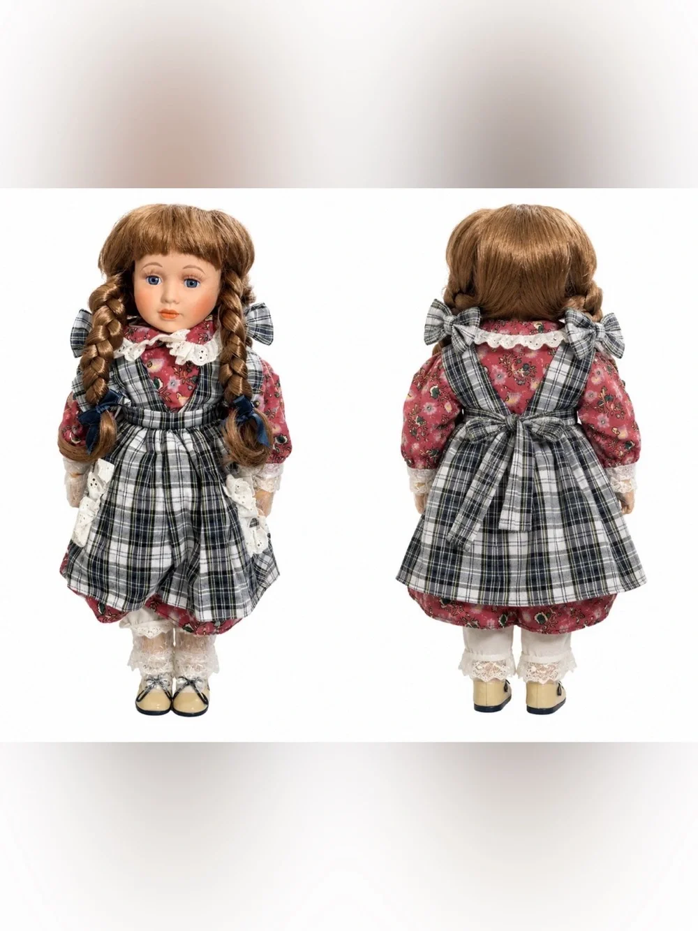 Porcelain Girl Doll in Pink Floral Dress with Plaid Apron